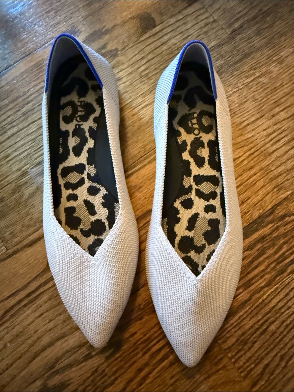 Rothy's Pointed Toe Flats in Cream with Leopard Insole